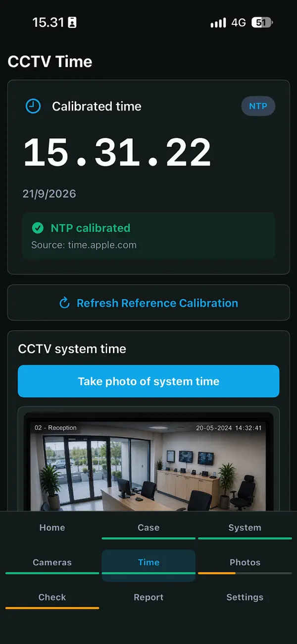 CCTV Collector – calibrated reference time and photographed CCTV system clock